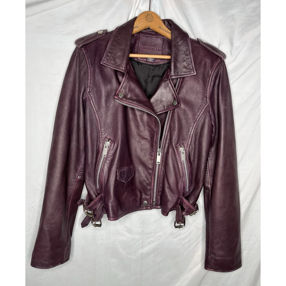 Amaryllis Anthropologie Moto Biker Jacket Purple Leather Large Zip Buckle Accent